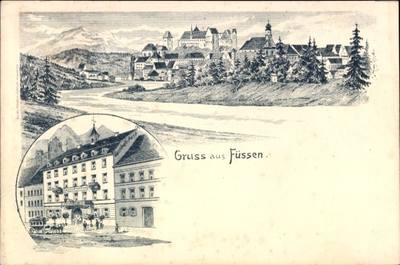 Litho Füssen im schwäbischen Kreis Ostallgäu, Gasthof zur Post, Flusspartie mit Blick auf den Ort