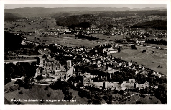 Postcard Rötteln Haagen Lörrach in Baden, castle ruins Rötteln, Röttler Castle, aerial photograph, Brombach