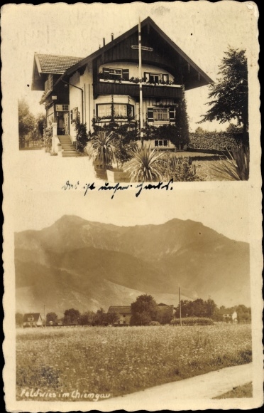 Ak Feldwies Übersee am Chiemsee, Blick auf den Ort, Pension