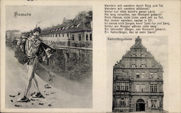 Ak Hameln an der Weser Niedersachsen,  Rattenfänger, Gedicht über das Wandern, Rattenfängerhaus