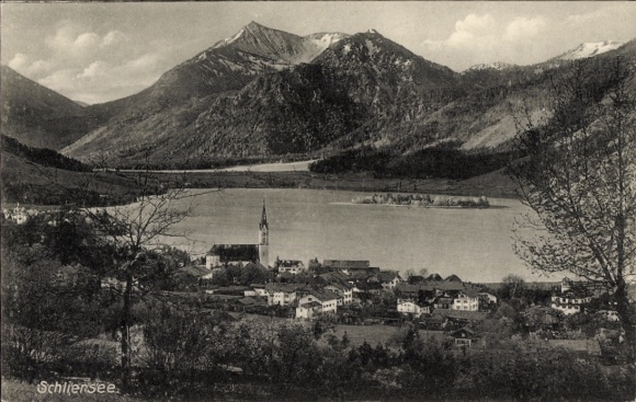 Picture of Schliersee in Upper Bavaria, mountain panorama, lake, church, village view, nature