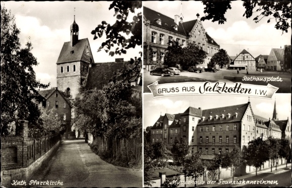 Ak Salzkotten in Westfalen, raadhuisplein, katholieke parochiekerk, moederhuis van de franciscaner nonnen
