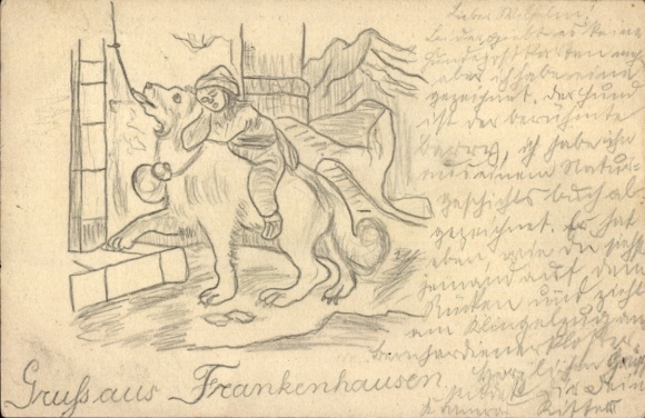 Hand-painted postal stationery PC Frankenhausen, dog, child