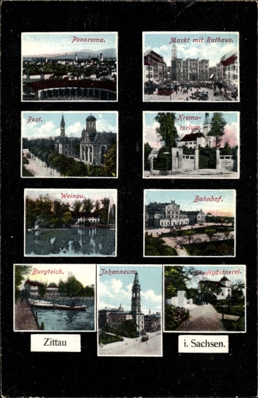 Postcard Zittau in Oberlausitz, panorama, post office, market with town hall, crematorium, train station, Johanneum