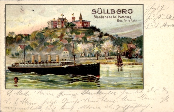 Chromo-Litho Hamburg Altona Blankenese, Süllberg, steamer on the Elbe