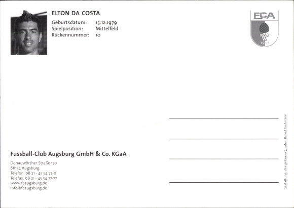 Autograph card footballer Elton da Costa, FC Augsburg, autograph