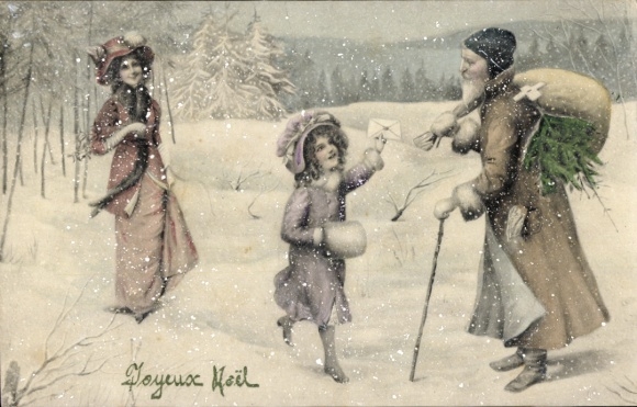 PC Congratulations Christmas, man with sack, letter, mother with child