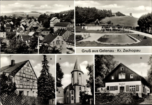 Postcard Gelenau in the Ore Mountains, overview, outdoor pool, half-timbered house, church, excursion restaurant Waldhof