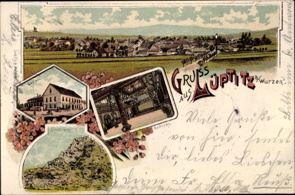Litho Lüptitz Lossatal Sachsen, herberg, balzaal, steengroeve, overzicht