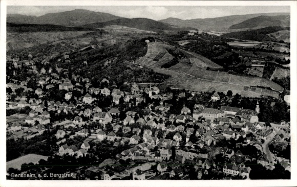 Postcard Bensheim on the Bergstraße Hesse, aerial view of Bergstraße, hilly landscape, houses