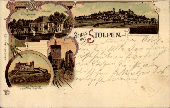 Postcard Stolpen in Saxony, front view with castle view of the city, picturesque landscape