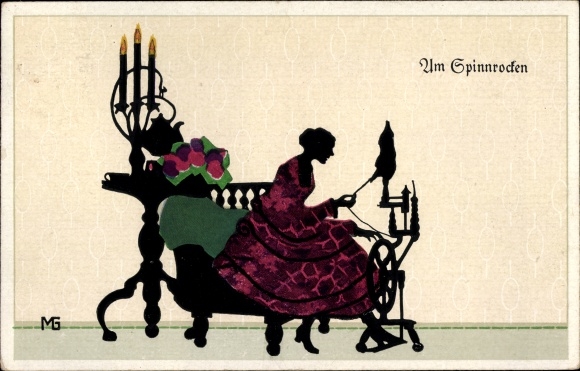 Paper cut Postcard Graf, Marte, On the distaff, woman on the spinning wheel
