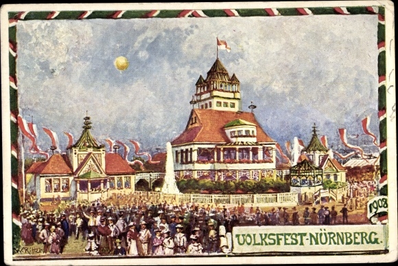Postwaardestukken kunstenaarskaart Neurenberg in Midden-Franken Beieren, PP 15 D 58/01, volksfeest 1908