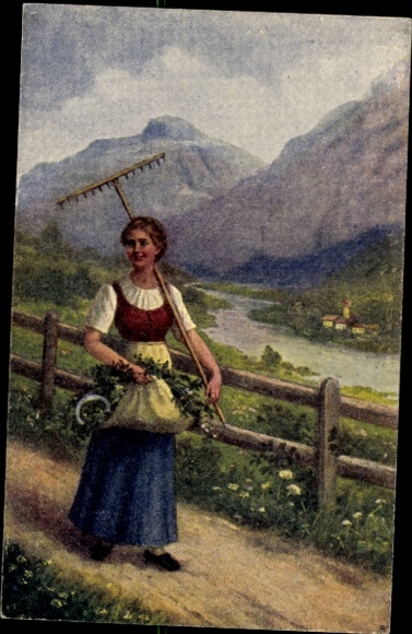 Artist Postcard Young Woman, Returning from the Field
