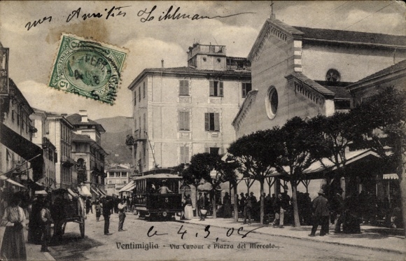 Postcard Ventimiglia Liguria, Via Cavour and Piazza del Mercato