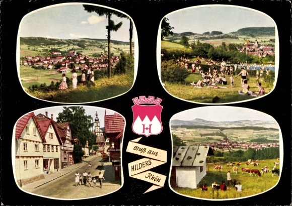 Ak Hilders in de Rhön, stadsgezicht, openluchtzwembad, straat, panorama, wapenschild