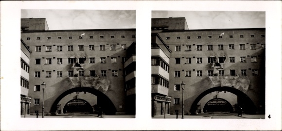 Stereo Raumbild Foto Großdeutschlands Wiedergeburt Nr. 4 Wien 19 Döbling Marxhof, Geschosseinschläge