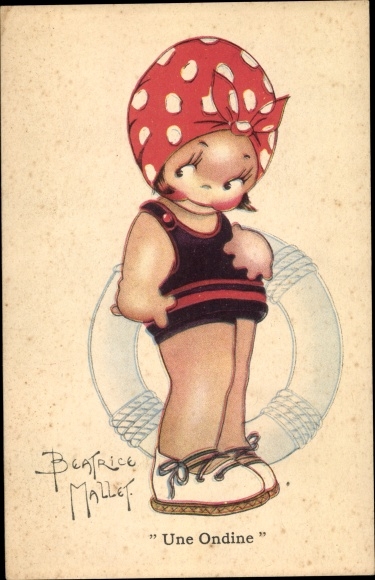Artist Postcard Mallet, Beatrice, Une Ondine, girl in bathing suit, lifebelt