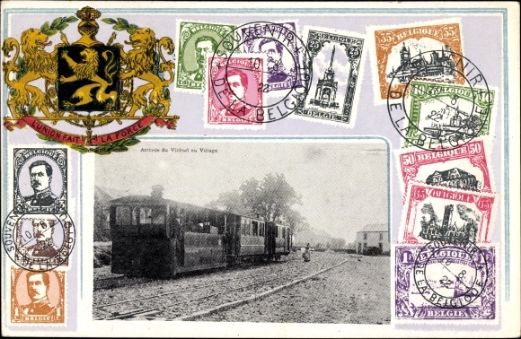 Stamps coat of arms PC Belgian railways, arrival at the station
