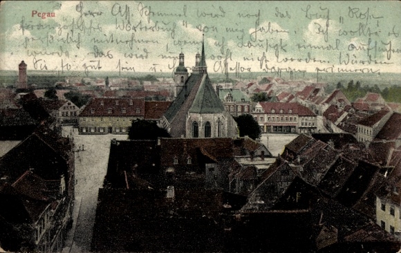 Postcard Pegau in Saxony, view of church, historical buildings, city view, trees