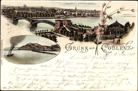 Chromo-Litho Koblenz am Rhein, panorama, railway bridge, drinking hall, Ehrenbreitstein