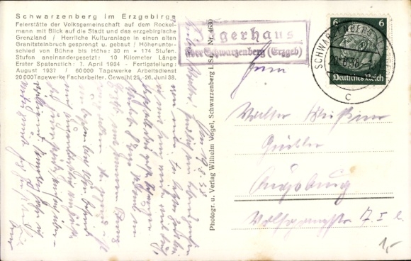Country postmark Jägerhaus above Schwarzenberg, June 20, 1938, PC Festsätte