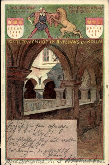 Kunstenaar litho Hein, Franz, Keulen aan de Rijn, Leeuwenhof in het stadhuis, wapenschild
