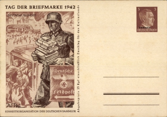 Postal stationery artist Postcard Axster Heudtlaß, Stamp Day 1942, German Field Post