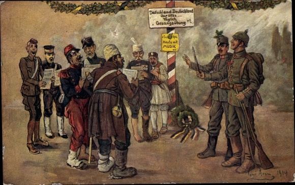 Artist Postcard Aram, Toni, Germany über alles, singing exercise with prisoners of war, 1914