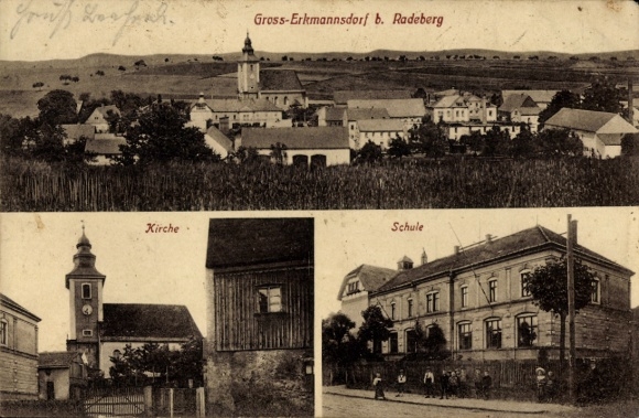 Postcard Großerkmannsdorf Radeberg Saxony, church, school, overall view of the village