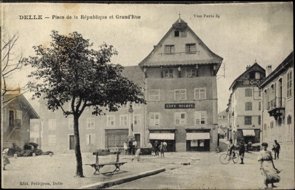 Postcard Delle Territoire de Belfort, Place de la Republique and Grand&#39; Rue, Café Ducrot, bike
