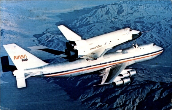 Postcard NASA 747 transport aircraft carries Space Shuttle Orbiter Enterprise, Edwards Air Force Base Calif.