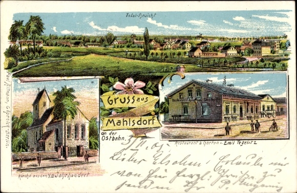 Litho Berlin Marzahn Mahlsdorf, Panoramablick, Kirche, Restaurant & Garten, Landschaft