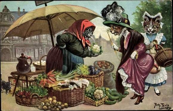 Artist PC Thiele, Arthur, humanized cats, mistress with maid at the market stall