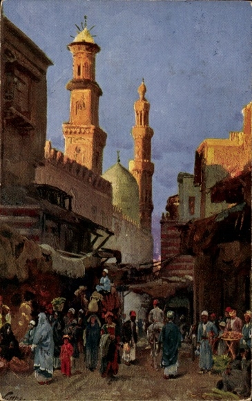 Artysta KP Wuttke, Kair Kair Egipt, scena uliczna, minaret, miejscowi