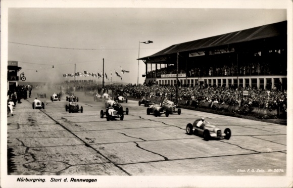 Postcard Nürburg in the Eifel, Nürburgring, racing car start, flags, spectators, black and white