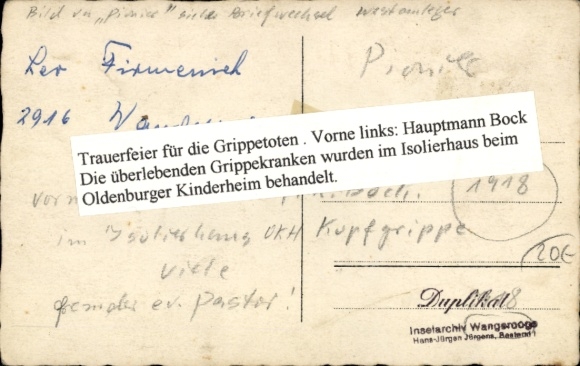Photo Postcard North Sea resort Wangerooge, mortuary, memorial service for the flu victims of 1918, Captain Bock