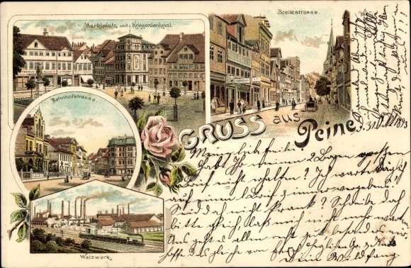 Chromo-Litho Peine in Lower Saxony, Breitestrasse, market square, rolling mill, war memorial