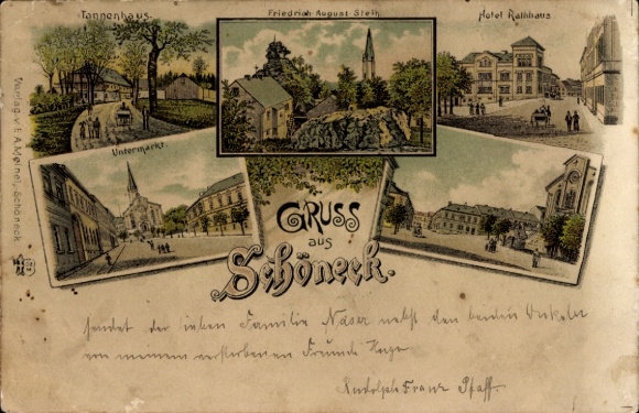 Ak Schöneck im Vogtland, Fünf Ansichten: Tannenhaus, Friedrich-A.-Stein, Hotel Rathhaus, Unter...
