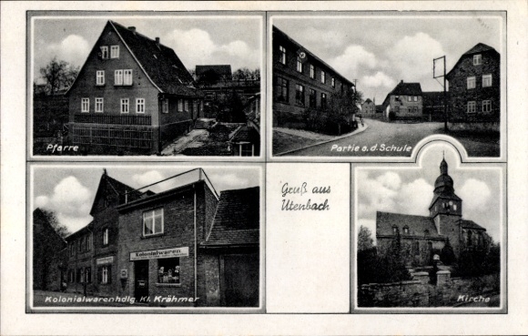 Postcard Utenbach Apolda in Weimarer Land Thuringia, parish, church, school, grocery store Krähmer