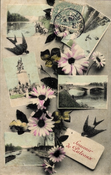 Ak Puteaux Hauts de Seine, Verschiedene Ansichten von  Blumen, alte Architektur und Kanäle