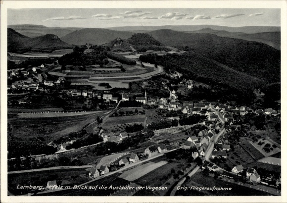 Postcard Lemberg in the Palatinate, aerial photograph, view of the foothills of the Vosges