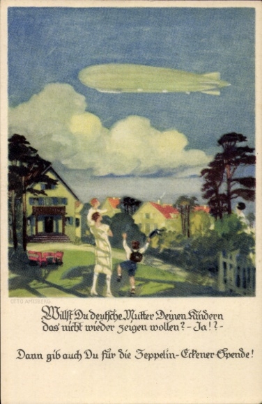 Artist Postcard Amtsberg, Otto, German mother shows children airship, Zeppelin Eckener donation