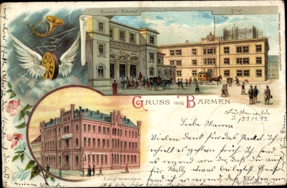 Chromo-Litho Barmen Wuppertal, train station, post office, evangelical clubhouse, Horn