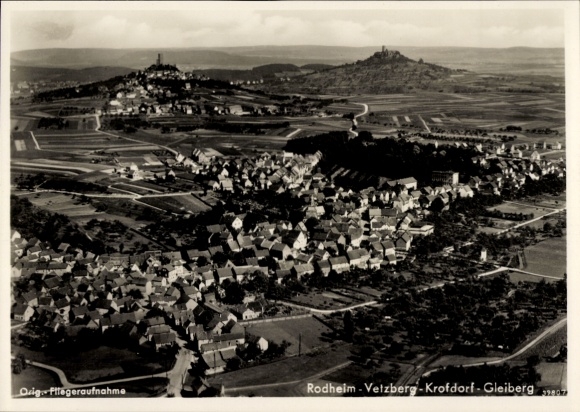 Postcard Rodheim Bieber Biebertal in Hesse, aerial photograph, Velzberg, Krofdorf, Gleiberg