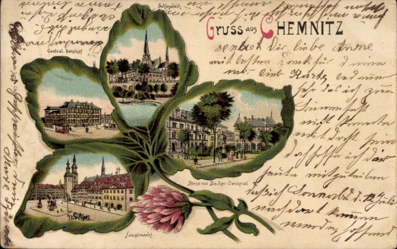 Kleeblatt Chromo-Litho Chemnitz in Saxony, train station, main market, stock exchange with Becker monument, castle pond