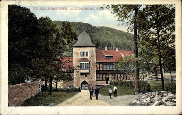 Postcard Schaumburg Rinteln on the Weser, Wesergebirge Castle, colorful building, nature, walking