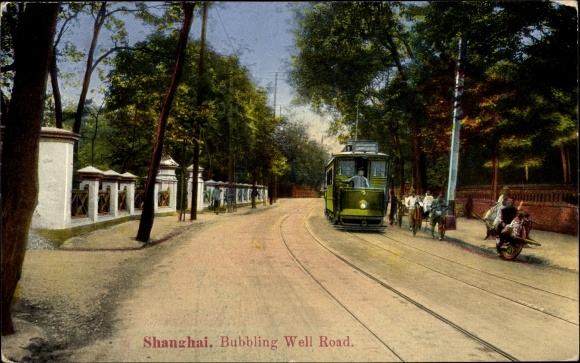 Postcard Shanghai China, Bubbling Well Road, Tram