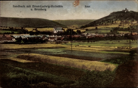 Postcard Sandbach Breuberg in the Odenwald Hesse, landscape with the village Ernst-Ludwig-Heilstätte, Breuber