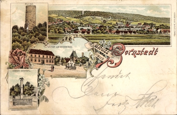 Chromo-Litho Bornstedt in Saxony-Anhalt, general view, Gasthof zum weißen Ross, war memorial, ruin